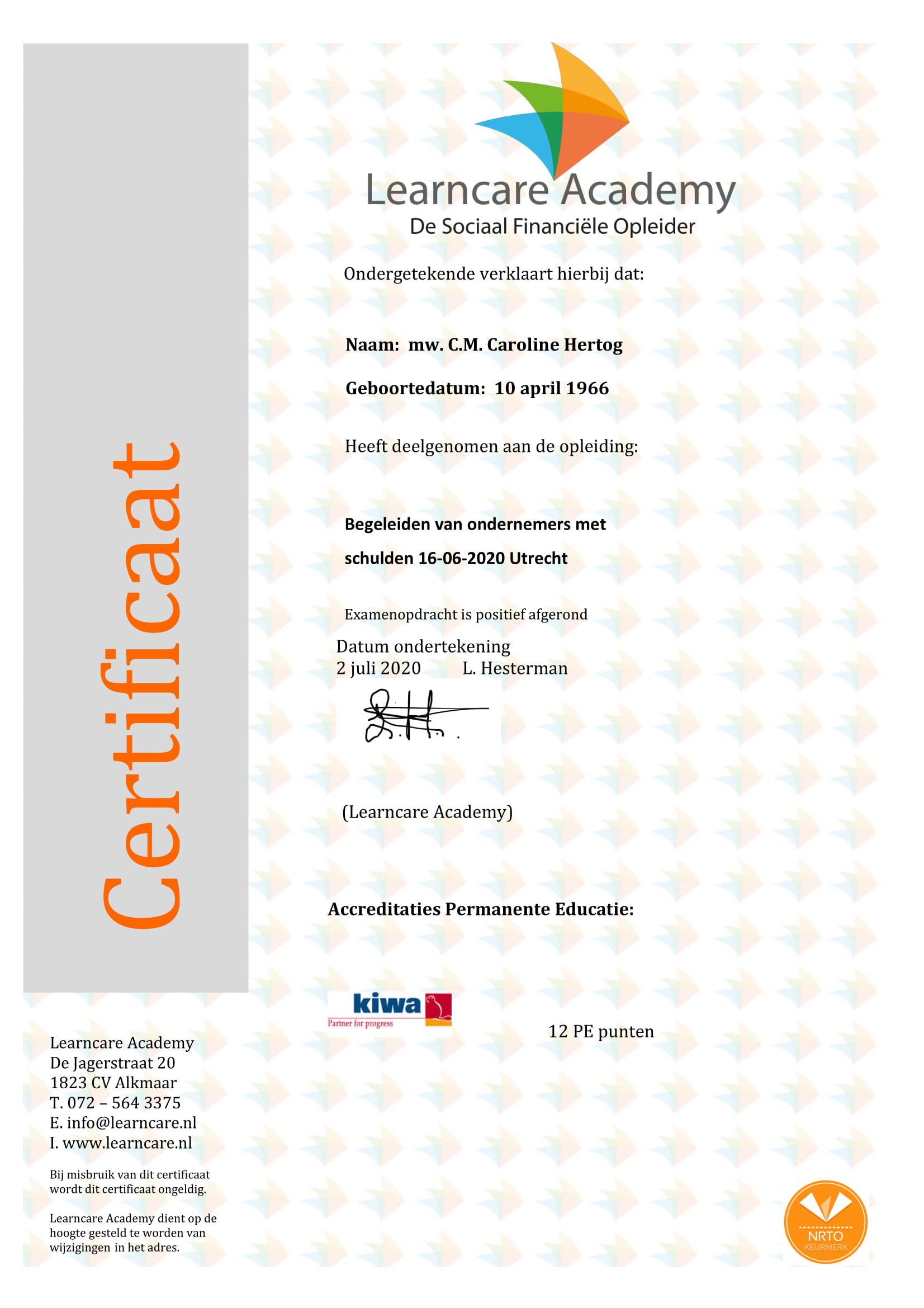 Learncare Academy Certificaat